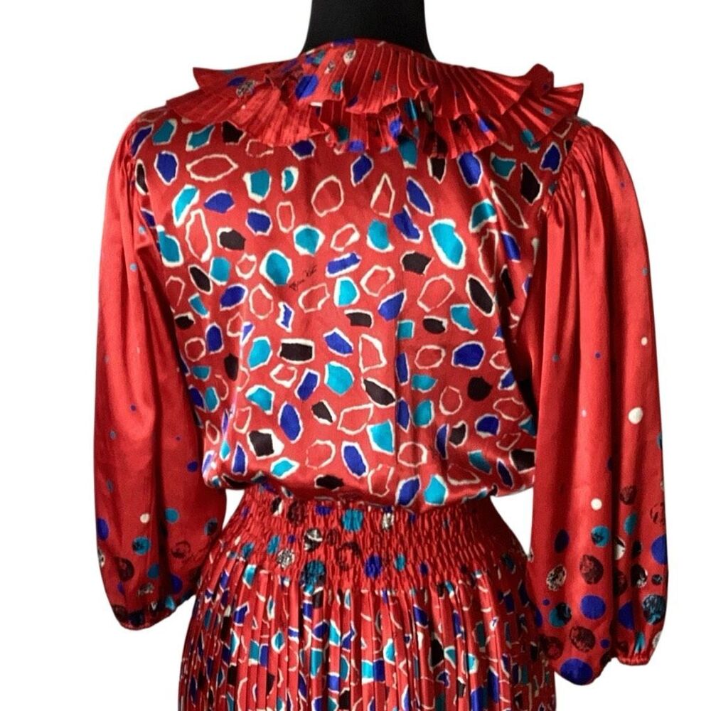 Vintage 80’s Diane Freis Original Ruffled Abstract Red Dress Puffed Sleeves - Picture 4 of 12